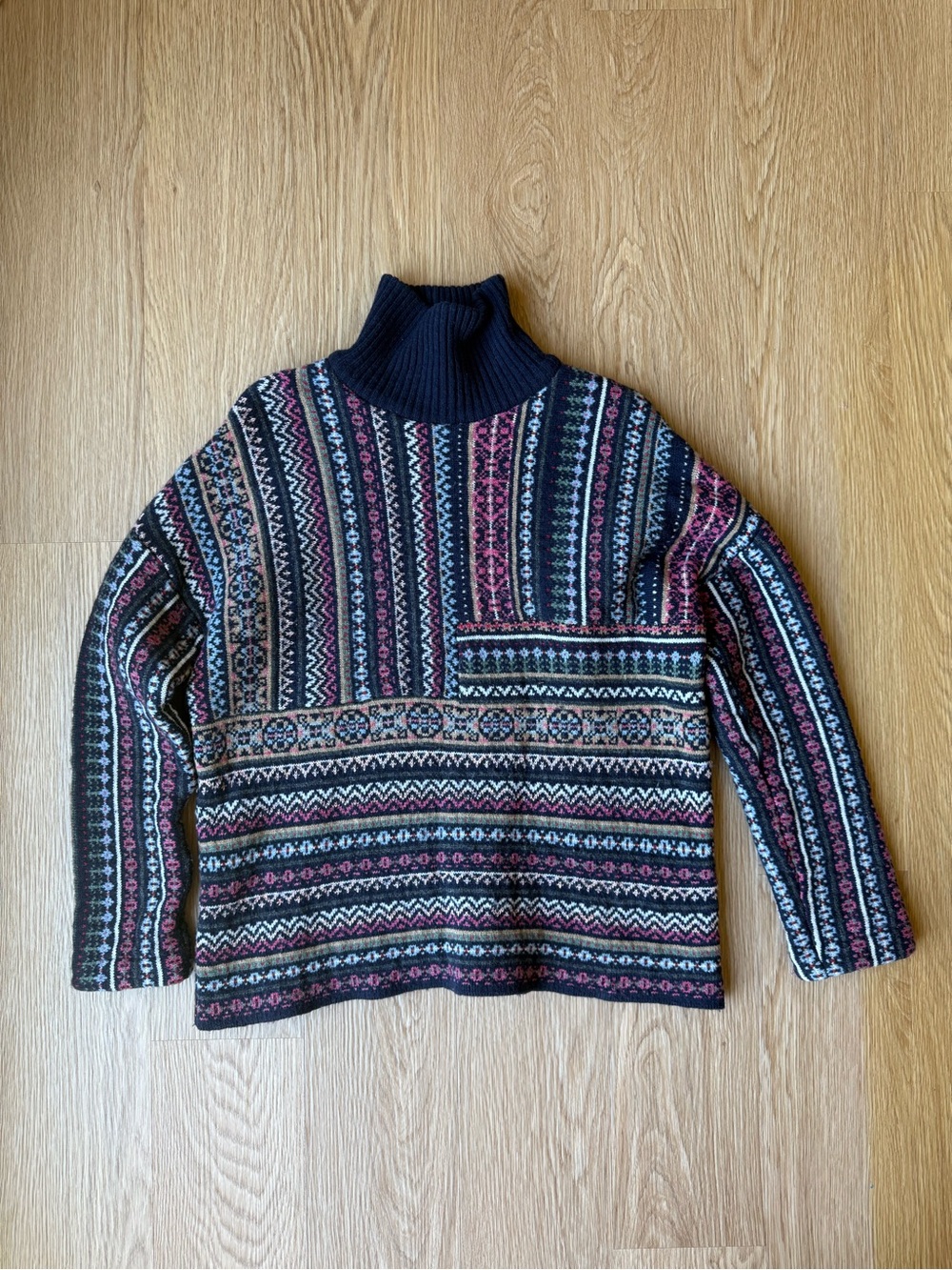 Tory Burch Fair Isle Wool Alpaca Turtleneck Sweater Navy Pink M/M
